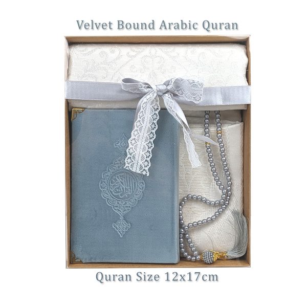 Velvet Quran Prayer Gift Set with Musallah Prayer Mat and Tasbih Beads